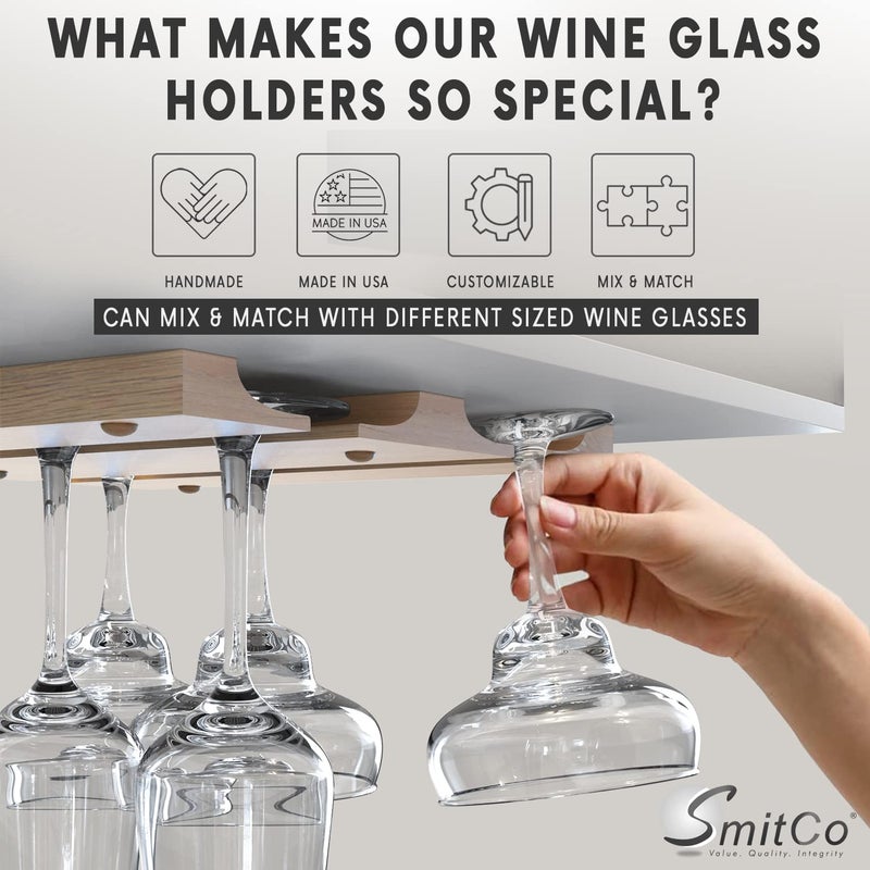 Smitco Wooden Wine Glass Holder for | Under Shelf Kitchen Stemware Rack | Wood Holding Rack for Wine Glasses and Stemware | Glassware Hanger and Organizer - Stores Up to 6 Glasses - Image 2
